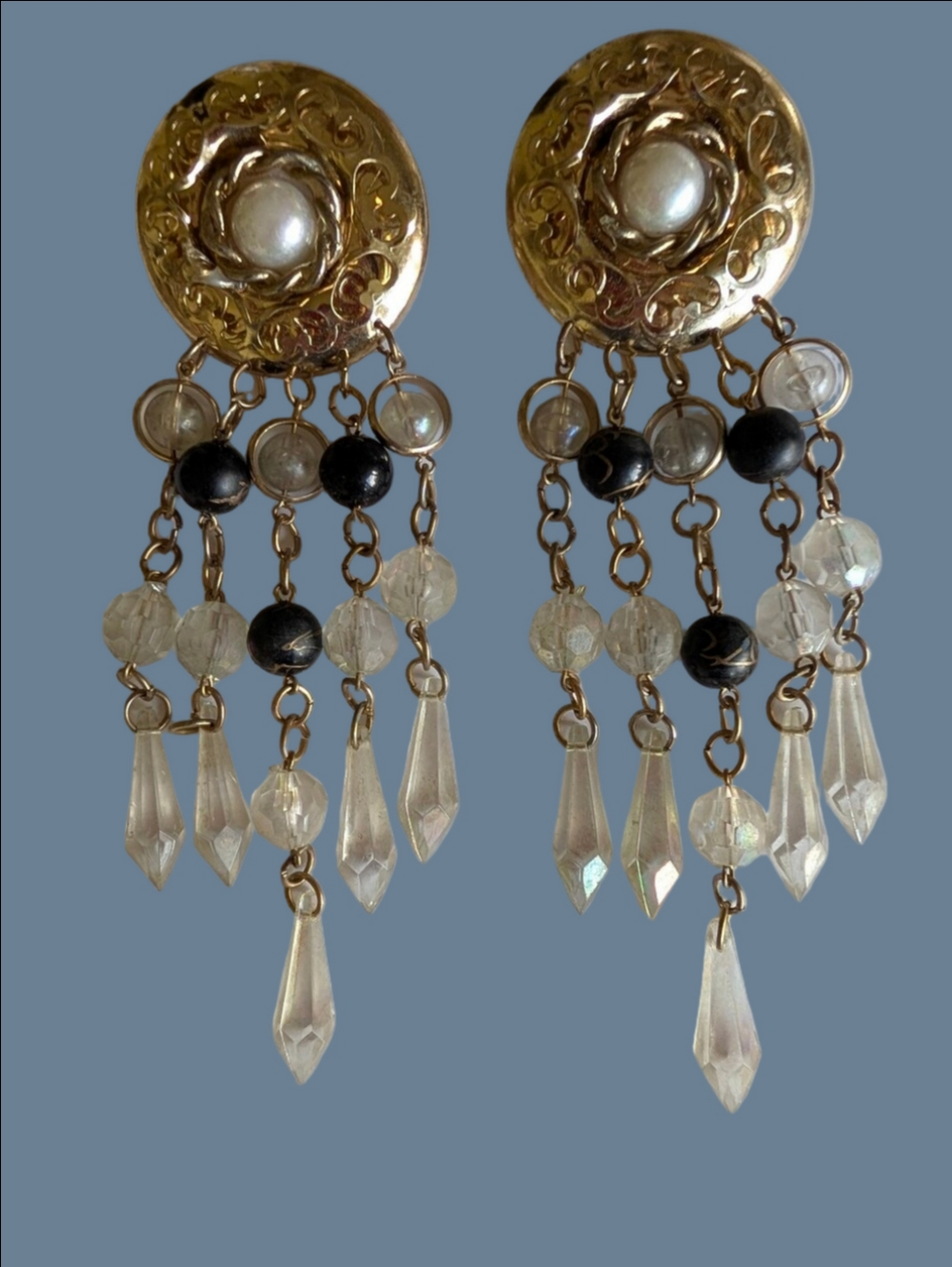 Vintage Chandelier Pearl & Crystal Cascade Dangle Earrings 1990